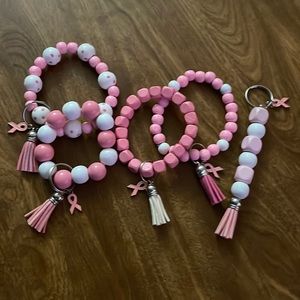 Square Pink Breast Cancer Awareness Beaded Wristlet Keychain